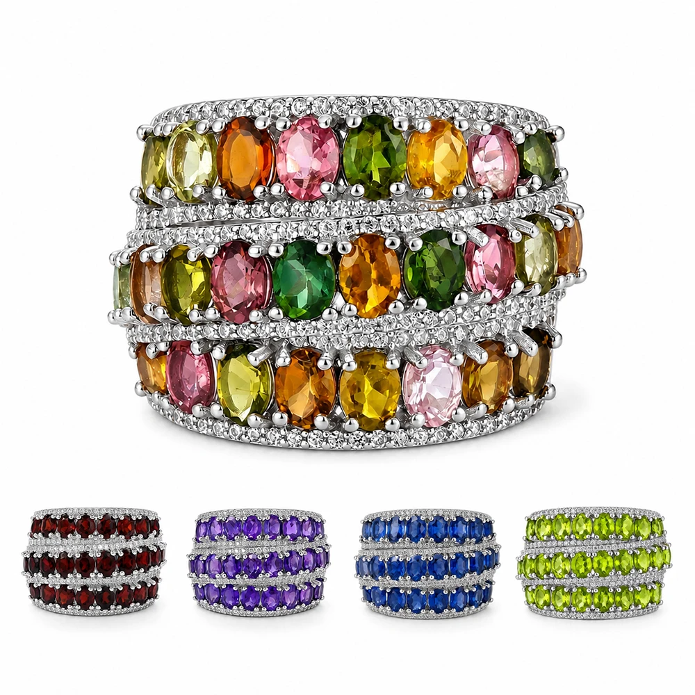Elegant 925 Sterling Silver Ring for Women Natural Peridot&Tourmaline&amethyst&Garnet&Kyanite for Stable Emotions Ideal Gift