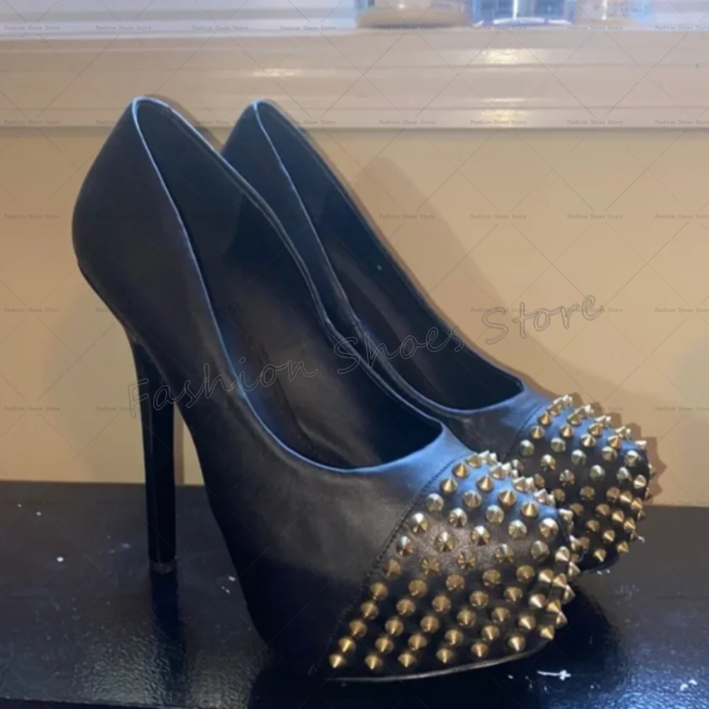 

Black Rivets Decor Round Toe Platform Pumps Matte Leather Women Shoes Thin High Heels Party Banquet Dating 2025 Zapatos Para Muj