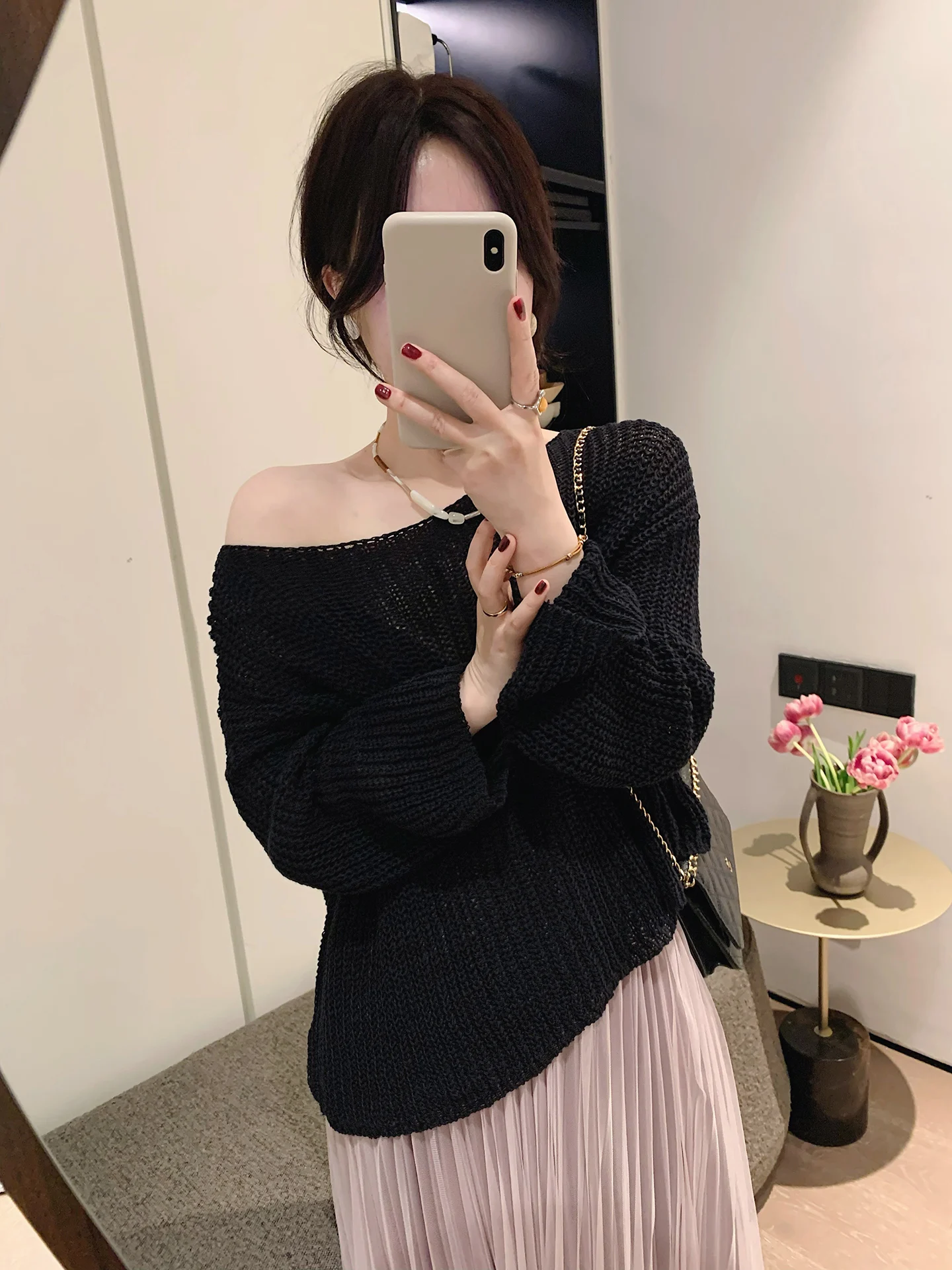 

Женский вязаный топ Misslady Black Vintage с асимметричным вырезом на плече и длинными рукавами, весна-лето, в непринужденном стиле, универсальный, элегантный, с вырезами K...