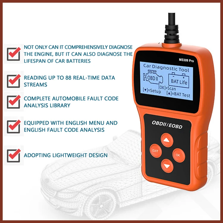 MS309PRO OBDII Diagnostic Tool Detecção de bateria Código do carro Detector de carro Detector de falhas do carro