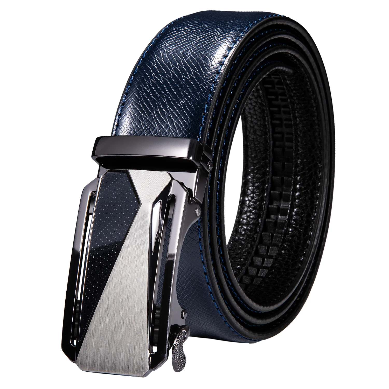 Hi-Tie Mens Belts Blue Navy Orange Genuine Leather Automatic Buckle Men Belt Adjustable Waistband For Dress Jeans Wedding Party