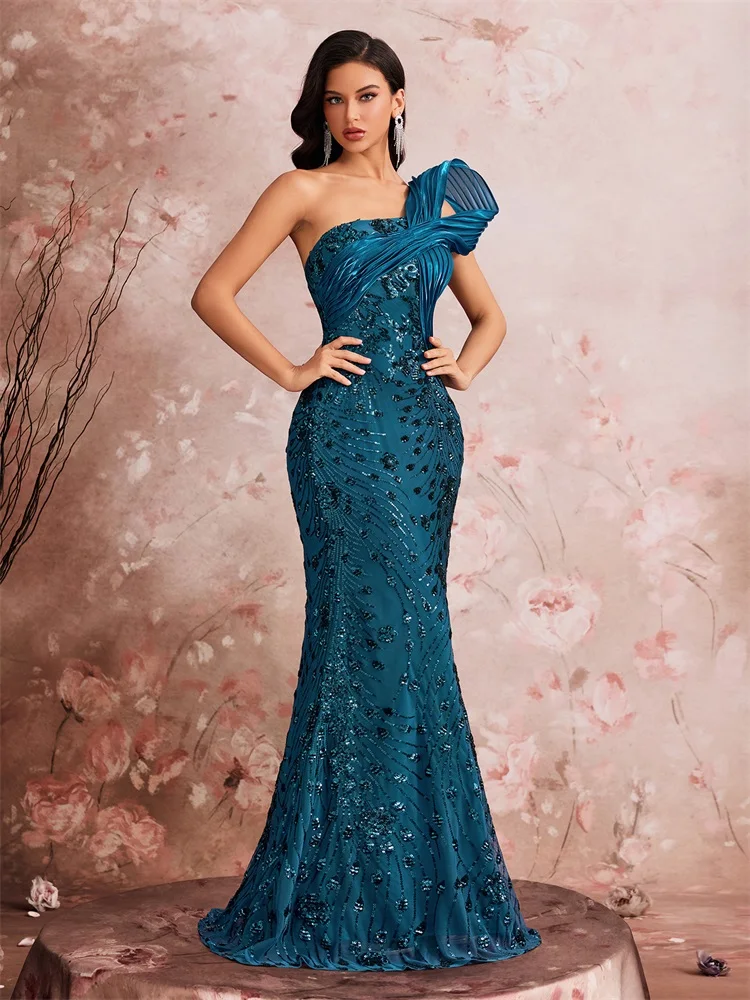 فساتين سهرة طويلة فاخرة من Lucyinlove بكتف مائل ترتر على الخصر وحورية البحر وحفلات الزفاف الليلية فستان كوكتيل أنيق #4