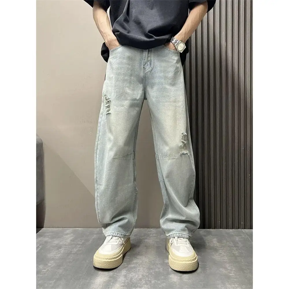 

Summer Thin American Street Style Men's Jeans Loose Straight Loose Pants Knife Hole Design Fashionable Casual Polyester Fabric