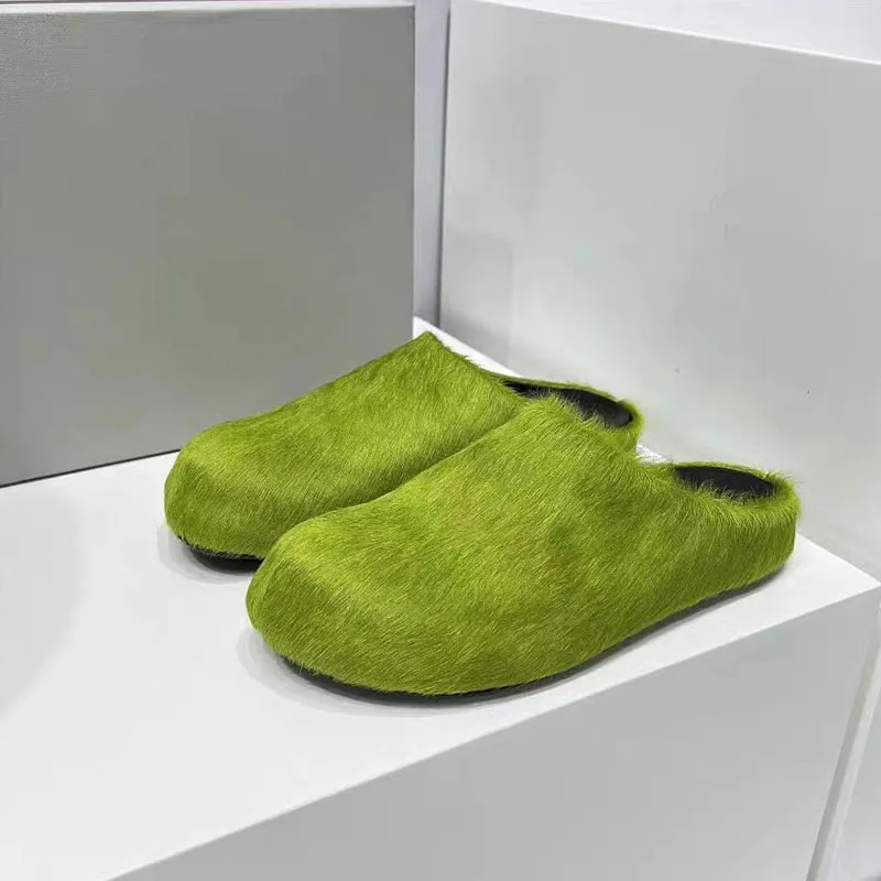 2024 Male and Female Macaron Color Horse Hair Fashion Slippers Outdoor Banquet Leisure Muller Shoes Peacock Green Mule Shoes