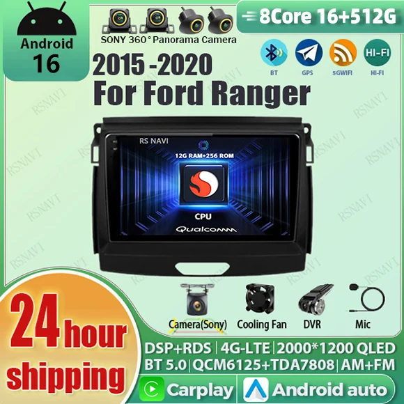 Android 16 Carplay Auto 2K Screen Car Radio Multimedia Player For Ford Everest Ranger 2015 - 2020 2din BT Stereo Wifi+4G DSP GPS