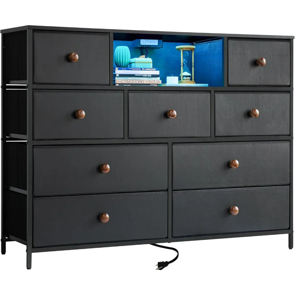 Black Dresser with Charging Station and LED Lights, Dresser for Bedroom with 9 , Wide Chest of Drawers with PU Finish Drawer