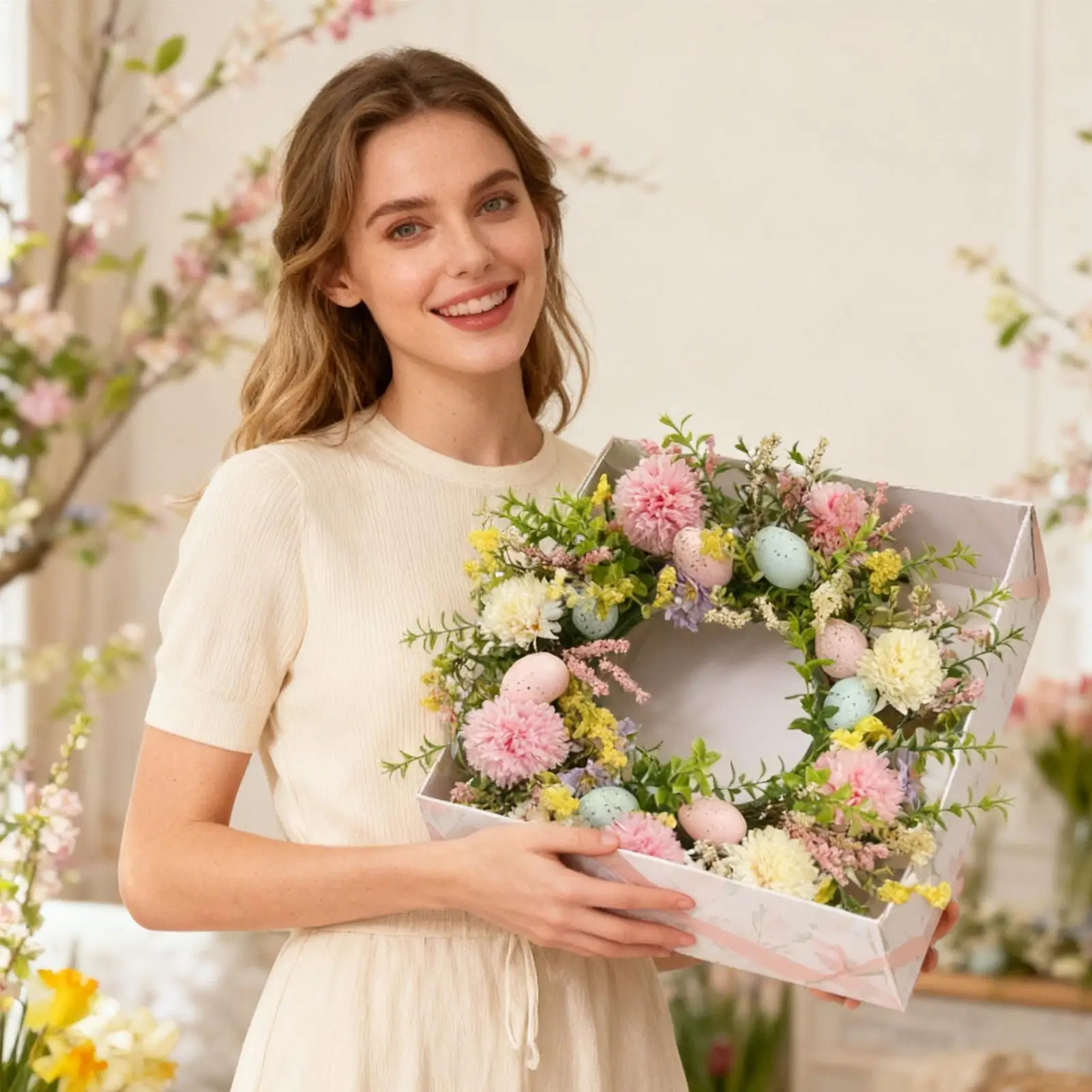 

Пасхальный венок с разноцветными яйцами и маргаритками, 15,75 дюймов, искусственный летний венок для входной двери, крыльца, окна, стены, для праздников