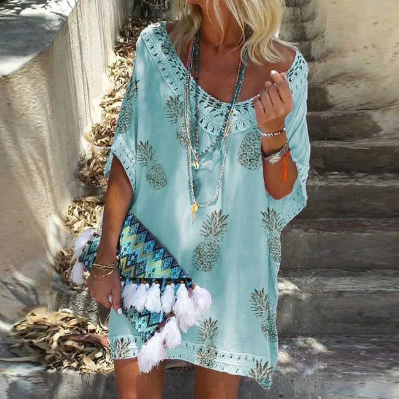 Women V Neck Lace Patchwork Party Dress Summer Batwing Short Sleeve Boho Mini Dress Spring Pineapple Print Loose Beach Dress