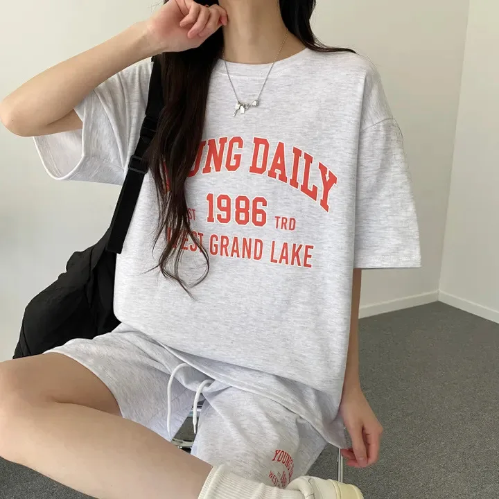 Estate alla moda coreana donna casual sport 2 pezzi pantaloncini larghi set moda cotone dimagrante girocollo manica corta 2 pezzi abiti