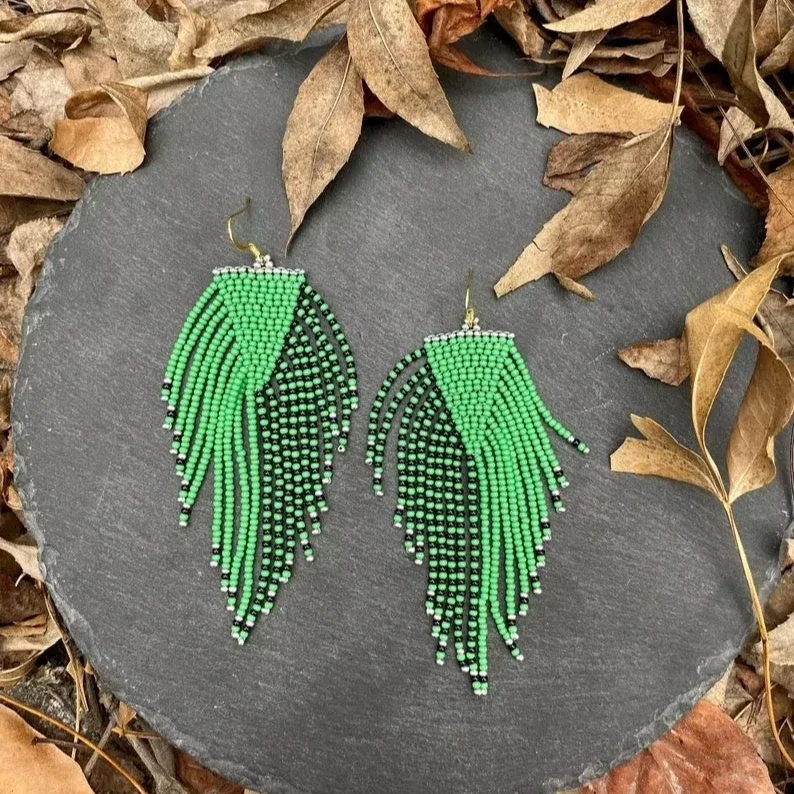 

Rice bead earrings Creativity Geometry Green Hand weaving Bohemia Alloy Pattern Fashion Tassels Female Simple Beaded earrings