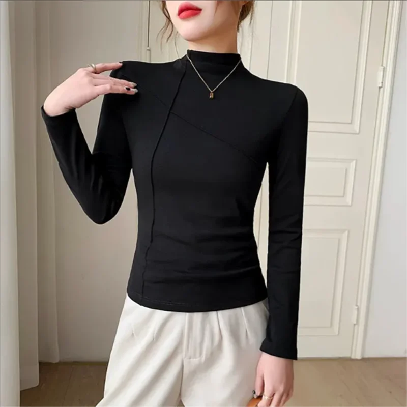 عالية الرقبة قاعدة التي شيرت المرأة بلوزة تي شيرت كم طويل سليم الراقية قمة الخريف الشتاء عادية أنثى تي شيرت بلون تيز #5