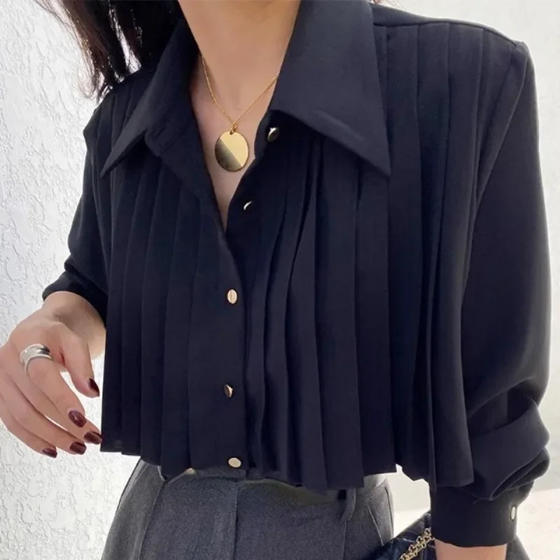 Neploe Elegant Lapel Neck Single Button Blouses 2024 Autumn Loose Pleated White Shirts Women Y2k Long Sleeve Blusas Mujer