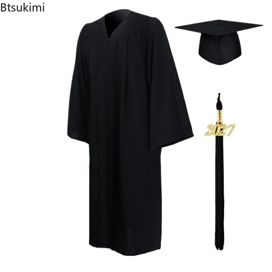 New 2027 Men Women Graduation Costume Kindergarten Bachelor Gown Academinc Uniform Fashion Photography Performance Robe Hat Set