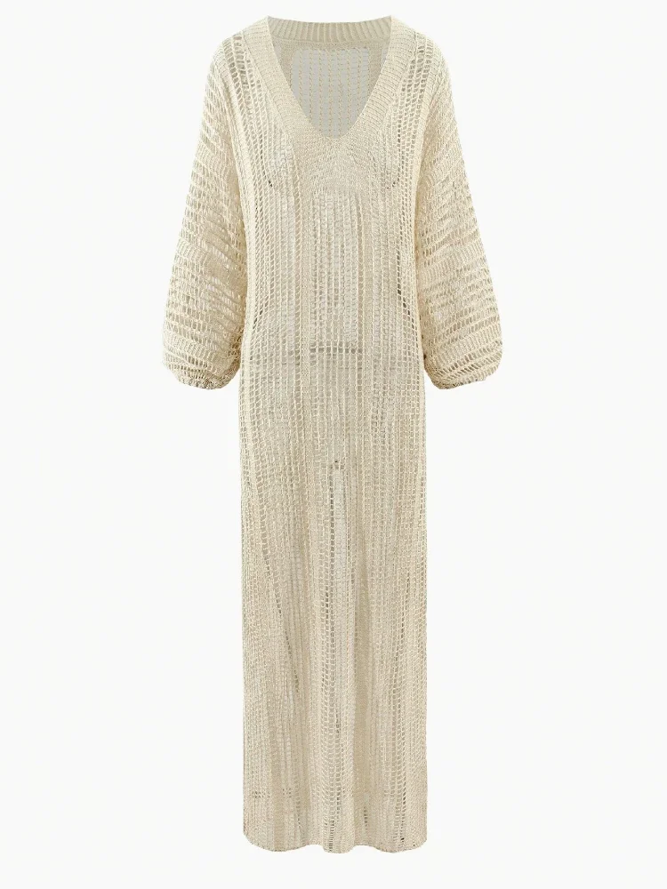 أنيقة متماسكة فستان طويل مثير انظر من خلال الخامس الرقبة فانوس كم الجانب سبليت شاطئ ماكسي فساتين عطلة ملابس السباحة التستر K15