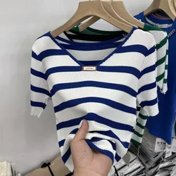 Korean Fashion Casual Summer T-Shirts Women V-neck Ice Silk Fabric Striped Patchwork Temperament Casual Slim Short Sleeve Tops