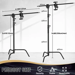 SH-Trépied Pliable Noir en Acier Inoxydable, Pied Magique pour Photographie, C-Stand pour Spot, Softbox, 2.6m, 3.3m