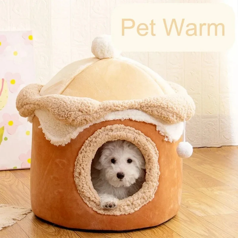 

Cat Dog House Cave Warm Winter Deep Sleep Pet Nest Geometric Ice Cream House Fun Comfort Nest For Small Brown 40X40cm Durable