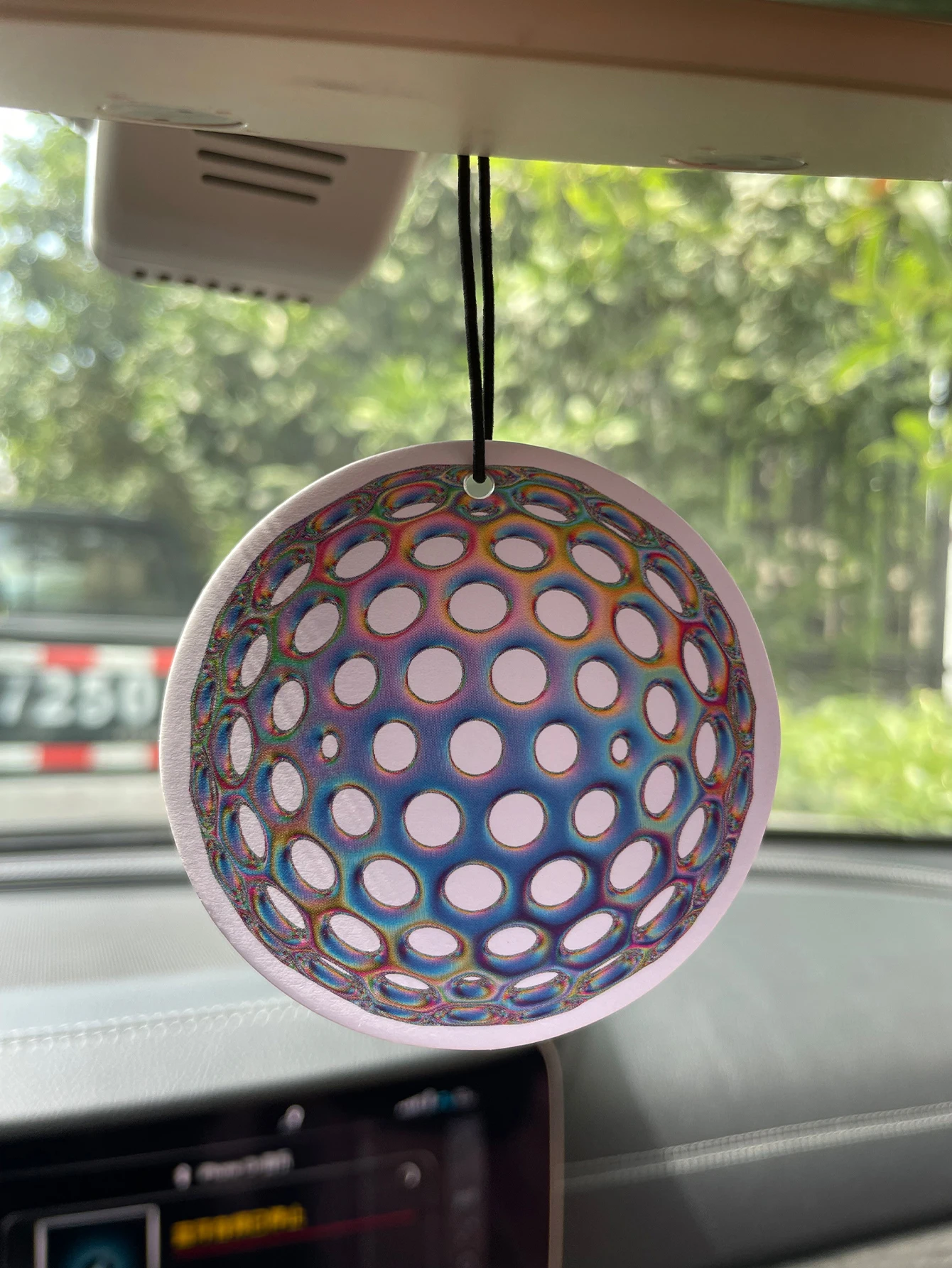 Round Holographic Iridescent 3D Bubble Sphere Optical Illusion Car Air Freshener Hanging Scent Card, Natural Plant Extract Fragr