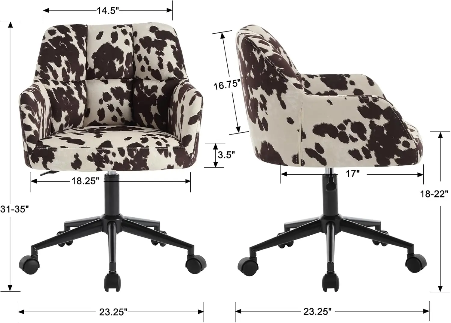 Cow Print Velvet Desk Chair Office Chair With Mid Back Support Armrest, Adjustable-Height 360° Swivel Chair With Wheels Rolling