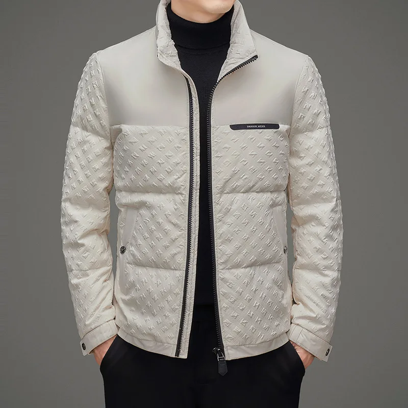 

Men's jacquard down jacket winter new middle-aged and young fashion white duck down warm stand-up collar bread jacket