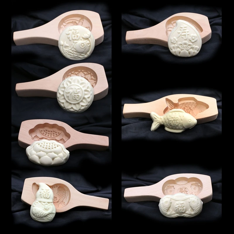 Mooncake Molds Chinese Traditional Mid-autumn Festival Moon Cakes Moulds 7 Different Pattern Shape Wooden Handmade Molds