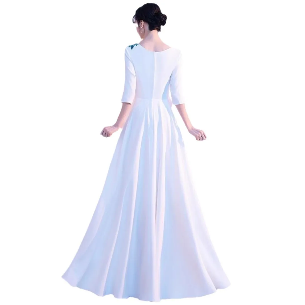 زي أداء نسائي من Ele Chinese Sle Long Qipao Dr باللون الأبيض، بدلة ترفيهية للمضيف