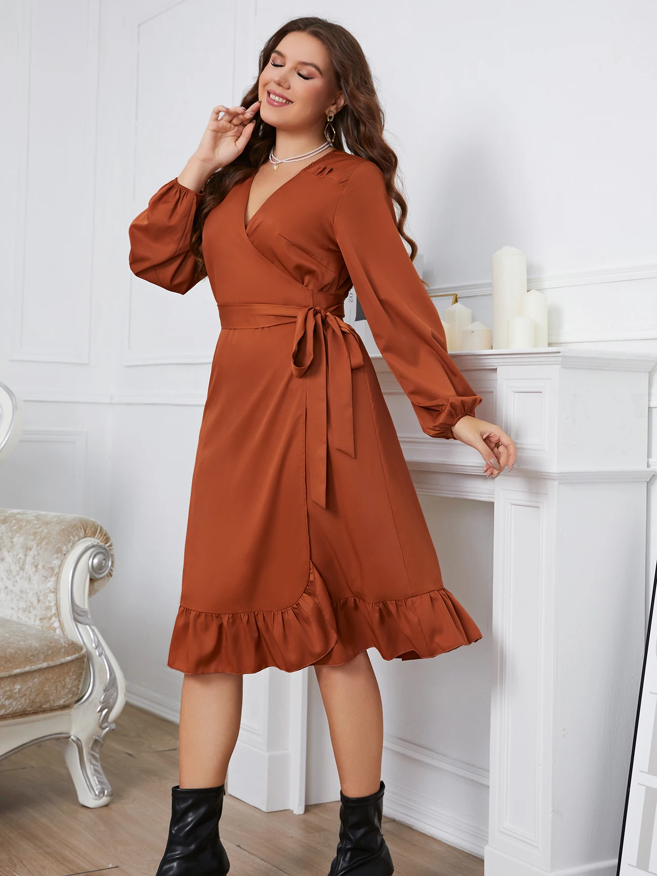 KEBY ZJ Damska sukienka midi Plus Size z długim rękawem Swing Midi Dress V Neck Wrap Belted A Line Ruffle Trim Tie Side Robe odzież