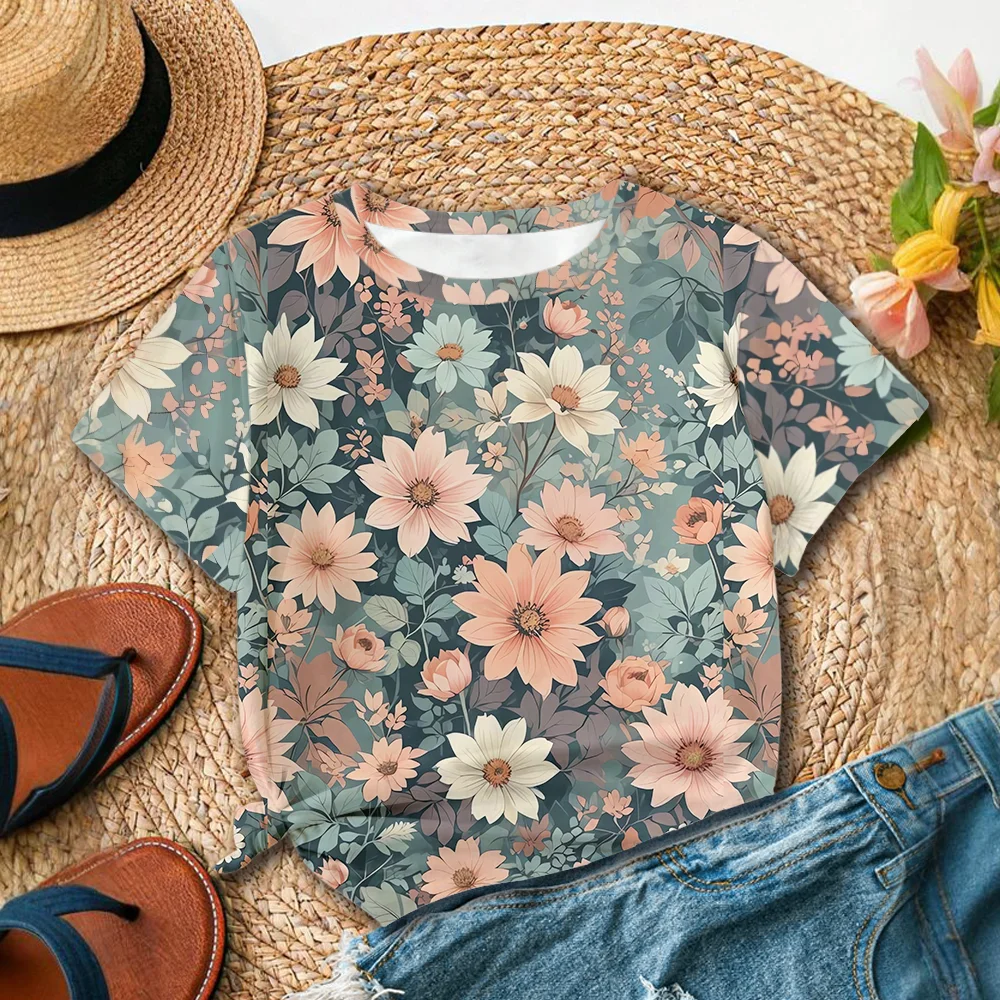 تي شيرت نسائي بطبعة زهور باللون البيج - صيفي كاجوال بنمط عصري ورقبة دائرية وأكمام قصيرة
