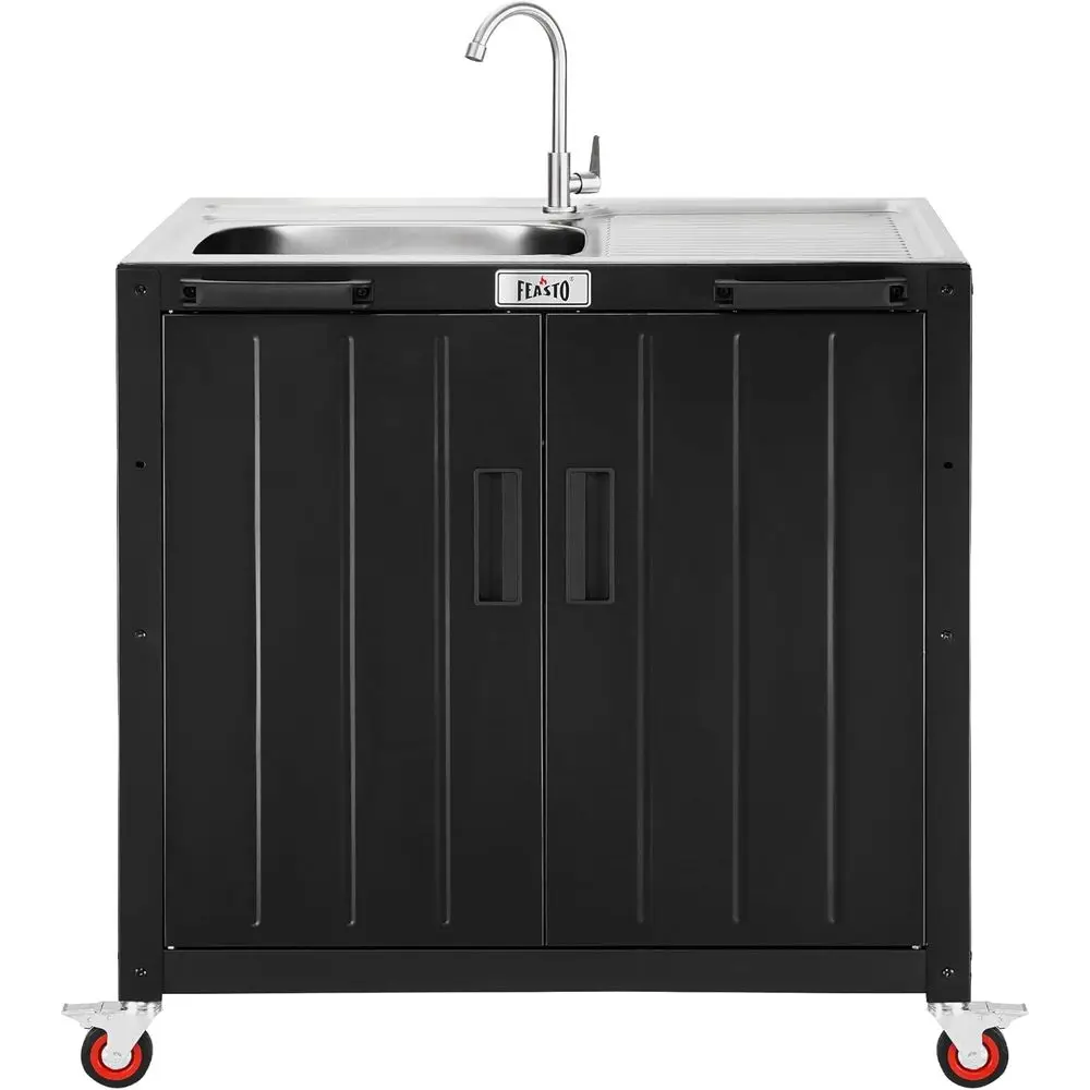 

Outdoor Kitchen Island with StainlSteel Sink and Storage Cabinet, 35-Inch BBQ Prep Station with aucet & Lockable Wheels or Patio