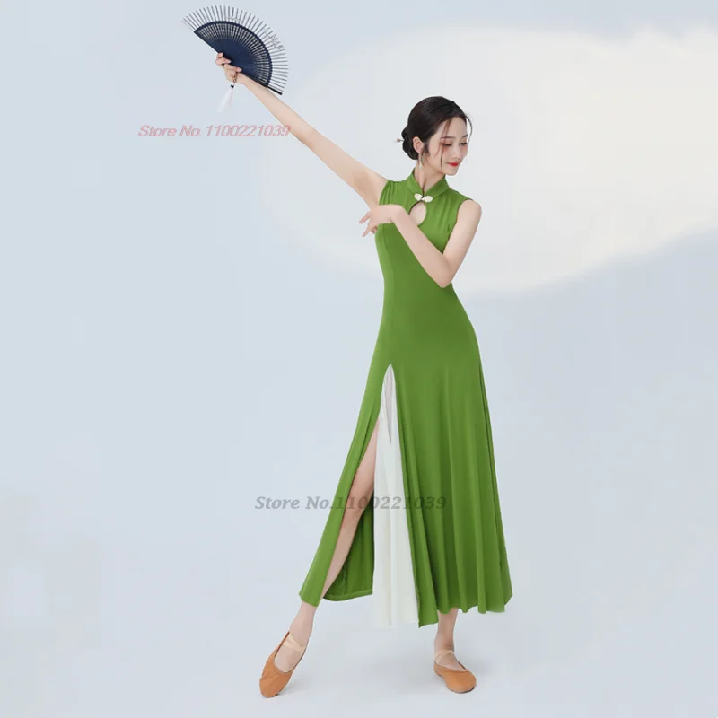 2025 중국 빈티지 댄스 치파오 전통 무대 댄스 치파오 민소매 치파오 댄서 훈련 연습복