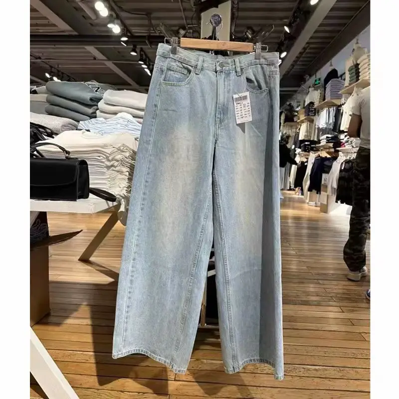 

Женские джинсы с высокой талией, свободного прямого кроя, синие, весна-лето, универсальные, длинные, до пола