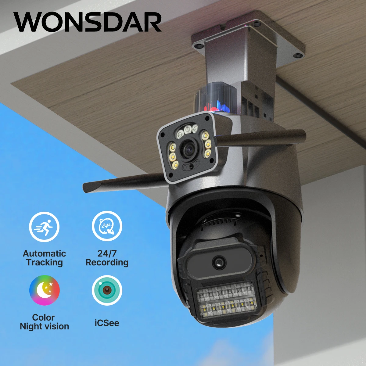 WONSDAR Outdoor Wifi PTZ Camera HD Dual-Lens Dual Screen Camera AI Auto Tracking Video Surveillance Police Light Alarm iCSee