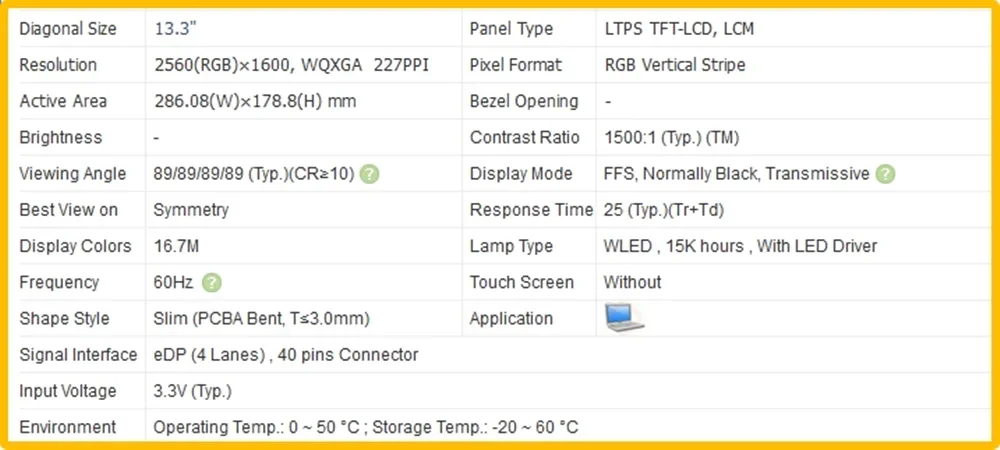 MND307DA1-4 5D11A22514 13.3 inch Laptop Display LCD Screen No-touch Slim IPS Panel QHD 2560x1600 EDP 40pins 60Hz