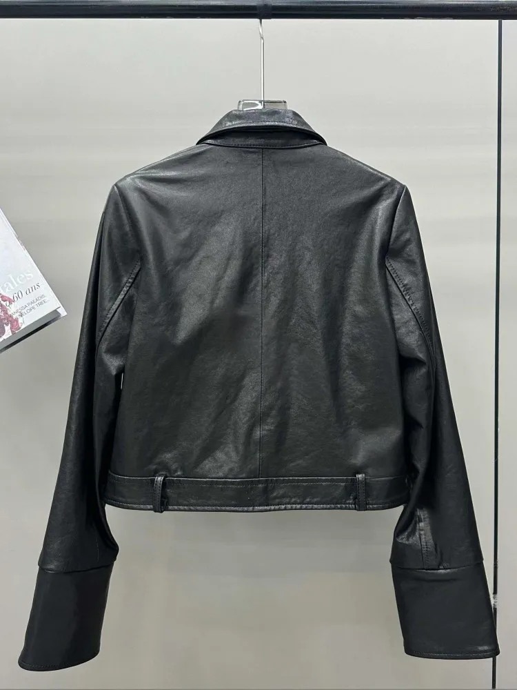 Damska kurtka motocyklowa z prawdziwej skóry, jesień, jednorzędowa, punkowa, z wykładanym kołnierzem, krótki płaszcz, odzież uliczna, casualowa odzież wierzchnia, damska.