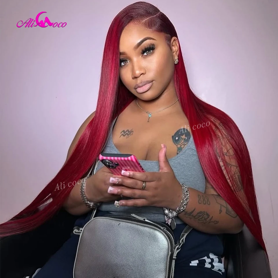 180 الكثافة بورجوندي شعر طبيعي مفرود شعر مستعار مع جذور داكنة 13X6 13x4 الدانتيل شعر مستعار أمامي خصلات الشعر المستعار الإنسان قبل قطعها للنساء