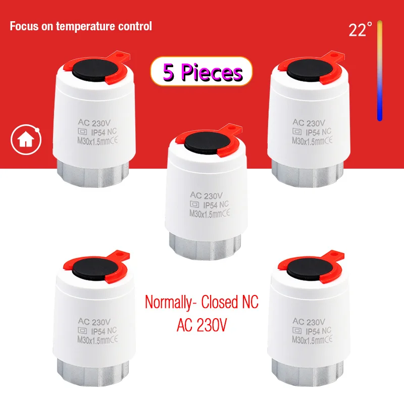 Atuador térmico elétrico para aquecimento radiante, Atuador para Manifold Manifold, 230V, NC, M30 * 1.5mm, 5 PCs