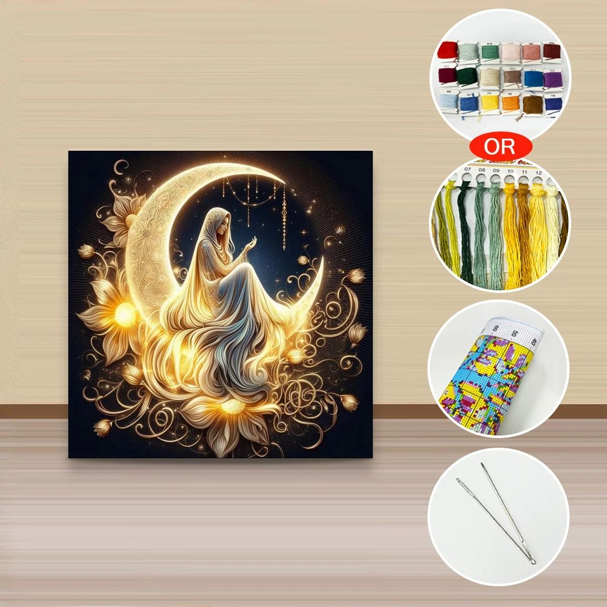 1 Stück 30x30 cm/11,8 Zoll, 11Ct/14Ct Kreuzstich-Set, DIY Valentinstagsgeschenk, Stickerei-Set für Festlichkeiten, Goldener Mond, Frau, Sterne – Detail 3