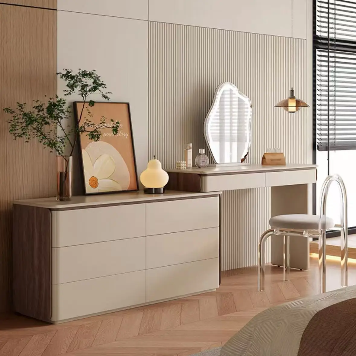

Dresser, chest, integrated bedroom, wabi wind simple solid wood storage cabinet, corner end of bed, retractable light