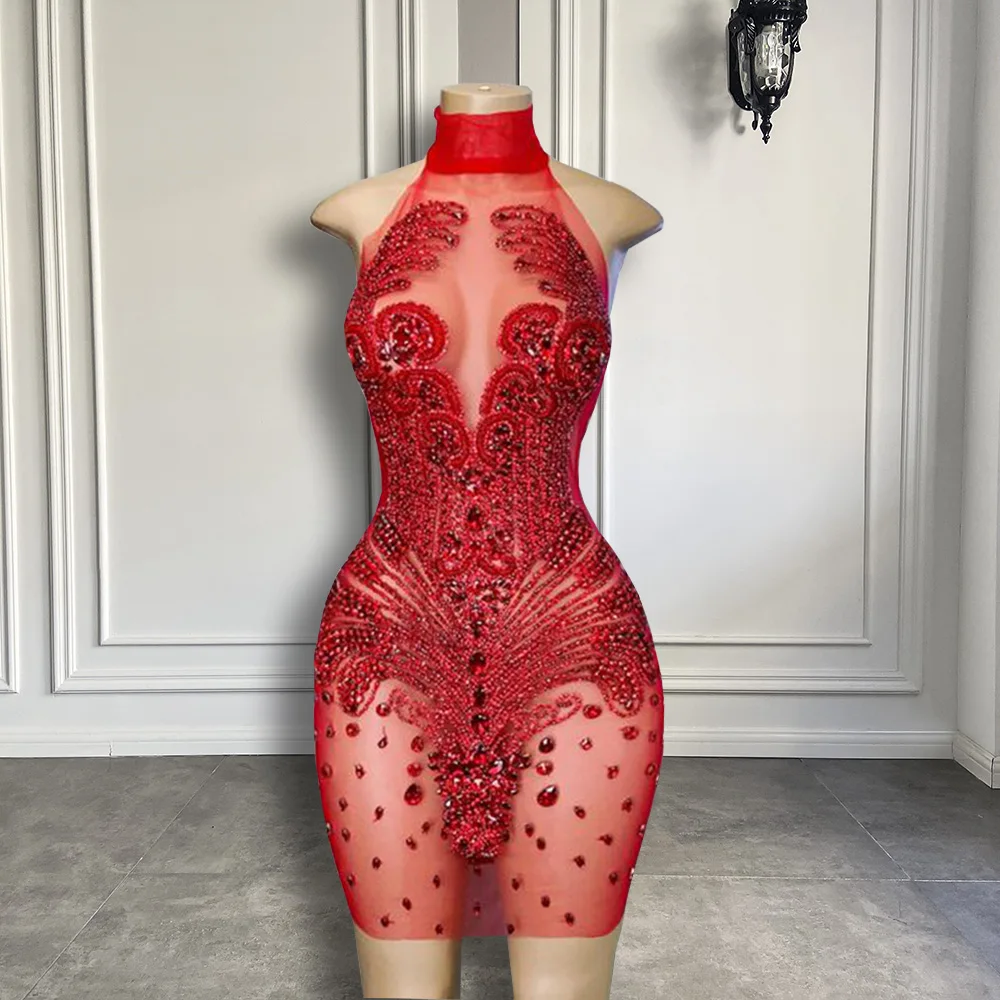 

See Through High Neck Cocktail Gowns Sexy Sheer Mesh Luxury Crystals African Women Birthday Party Red Short Prom Dress 2025