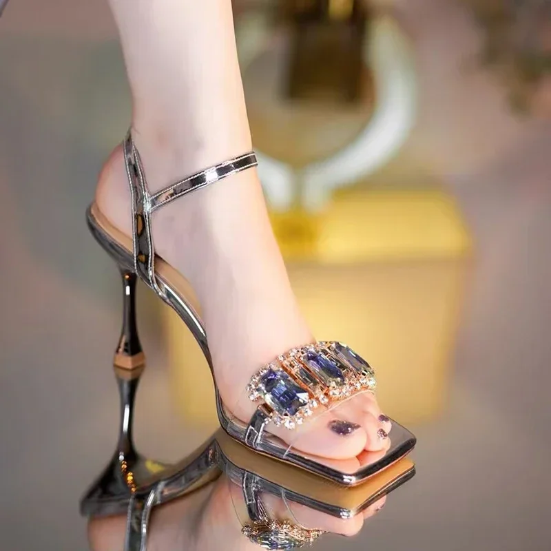 Gold Silver High Heels Sandals Women 2025 Summer Square Toe Shiny Crystal Sandals Woman Ankle Straps Thin Heel Party Pumps Shoes