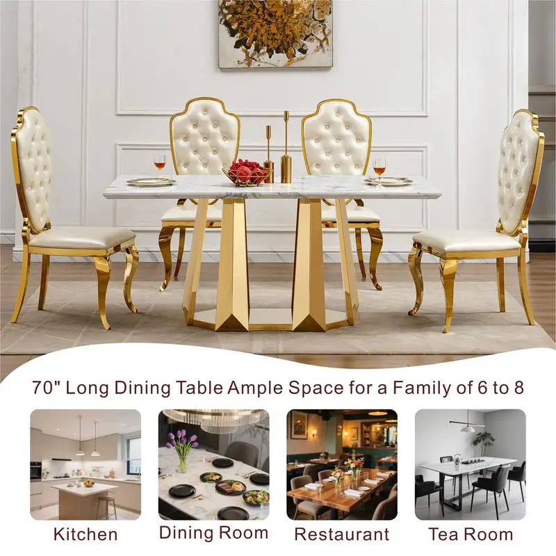 طاولة طعام مستطيلة من الرخام الصناعي لطاولة مطبخ كبيرة مقاس 6 إلى 70 بوصة مع قاعدة من الفولاذ المقاوم للصدأ، تصميم حديث باللون الذهبي والأبيض