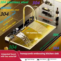 304 Stainless Steel Honeycomb Gold Golden Cocina Integrated Waterfall Kitchen Sink Technology Large Digitial Display  Cup Washer