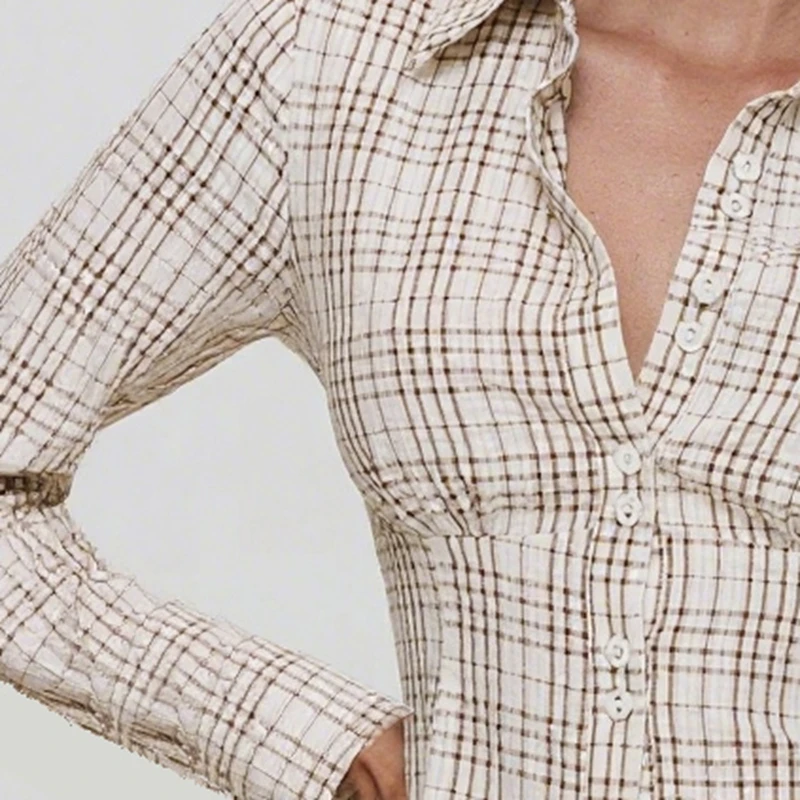 

Vintage Women's Spring Autumn Plaid Tops Long Sleeve Turn Down Collar Bodycon Casual Button Up Shirts
