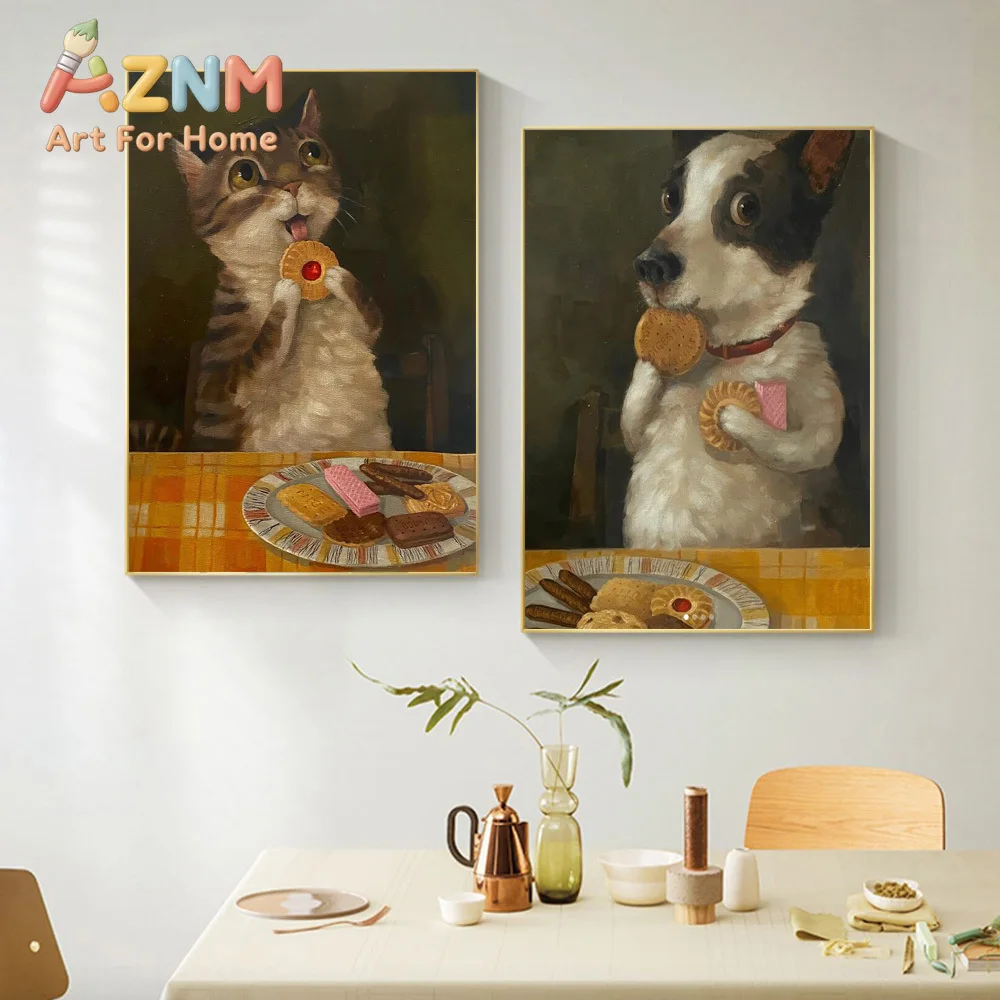 Cute Dog Eating Snacks Poster, Retro Animal Wall Decoration, Cat Eating Cookies and Cake Canvas Painting, Living Room Decoration
