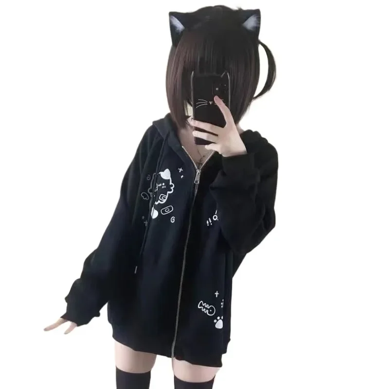 Spring Autumn Jackets Sweatshirt Cute Cats Print Zip Up Hoodie Women Streetwear Y2k Tops Cartoon Japanese Coat Grunge Black Gray