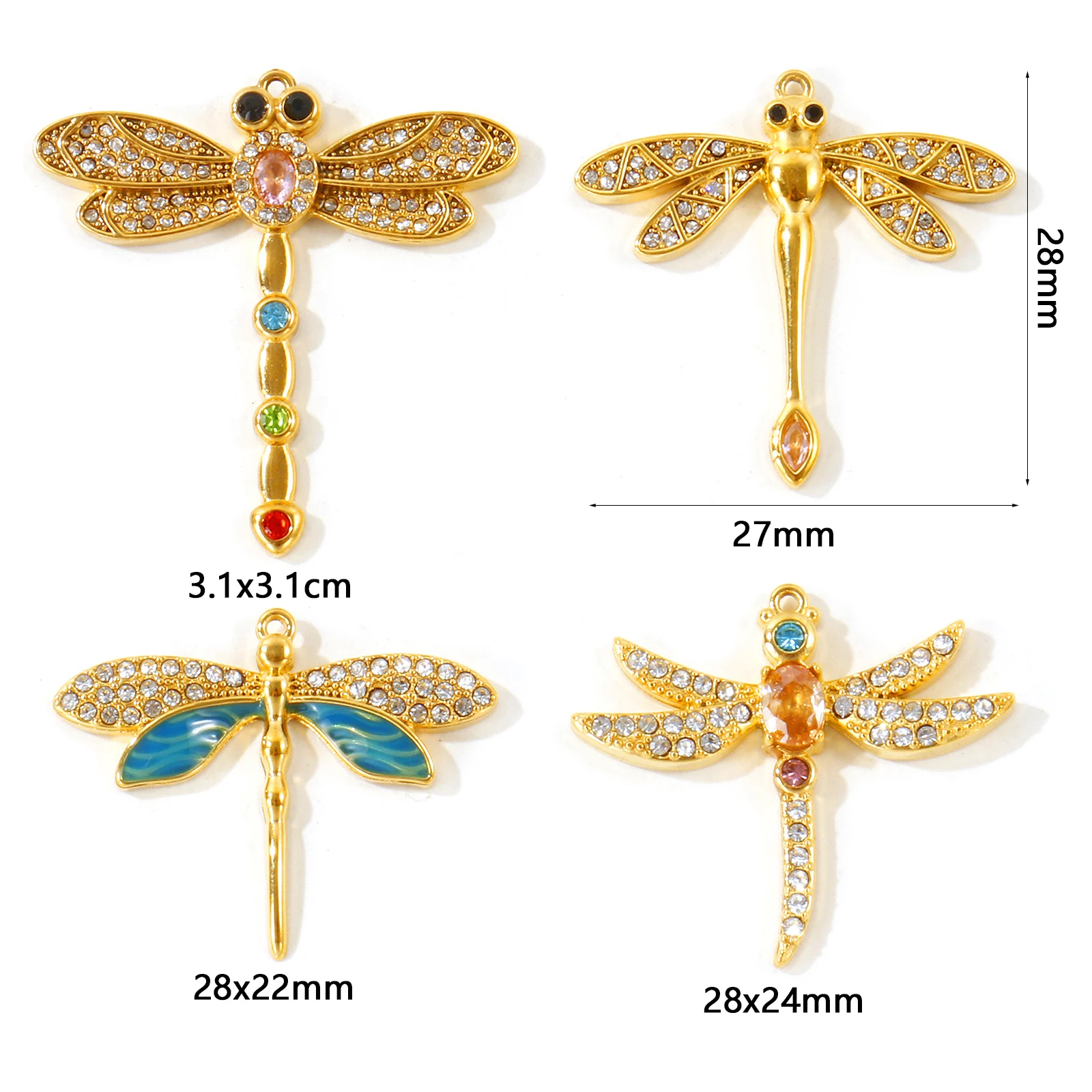 1pc Dragonfly Animal Pendant Multicolor Cubic Zirconia Stainless Steel 18K Gold Plated  Charms DIY Necklace Making Accessories