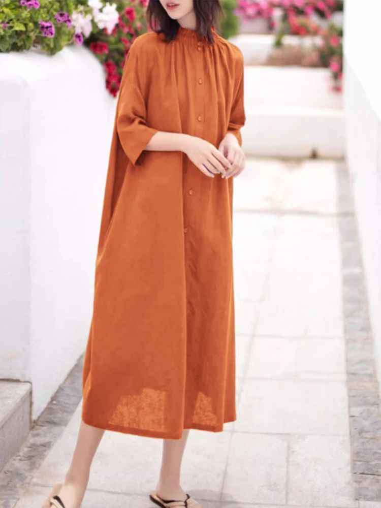 Klein bleu lin sept Sve Dr femmes printemps forêt système Art ample mince coton lin ouvert Cardigan Long Dr