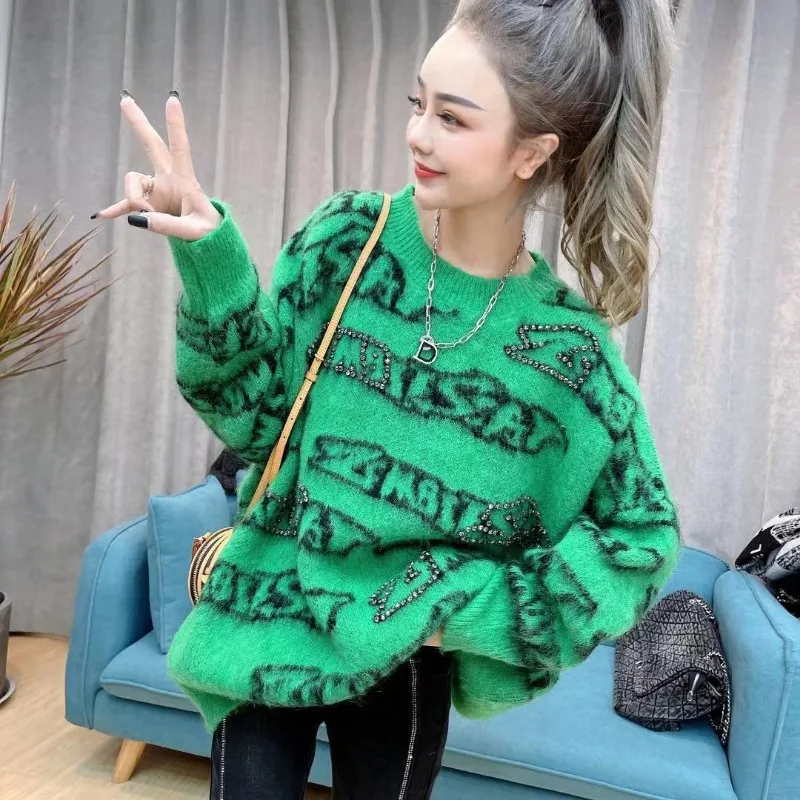 المرأة الكورية رسالة حجر الراين الشارع الشهير Y2K كبيرة الحجم شيك محبوك سترة الخريف الشتاء س الرقبة طويلة الأكمام البلوز تونك القمم