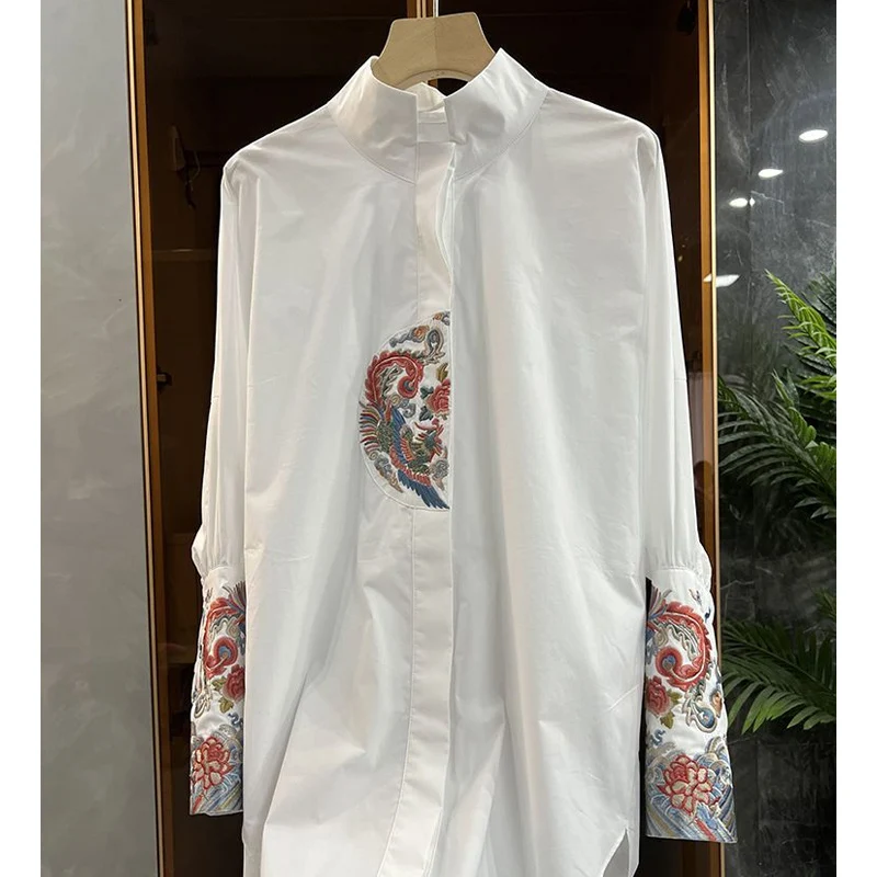 Spring Autumn New Turn-down Collar Long Sleeve Shirt Women High Street Casual Mid-length Cardigan Button Embroidered Vintage Top