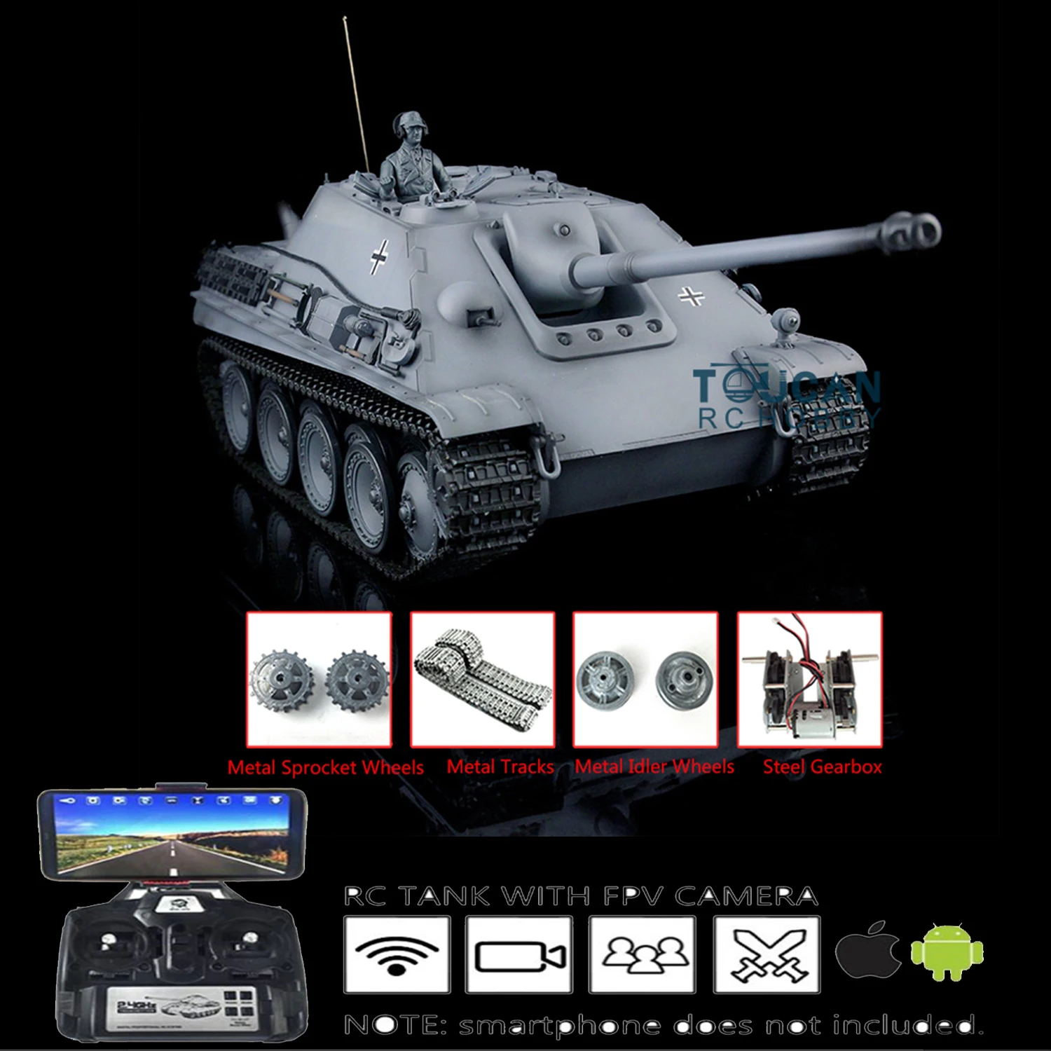 HENG LONG 1/16 Gray 7.0 Upgraded FPV Jadpanther  RTR RC Tank 3869 Metal Tracks TH17458-SMT4